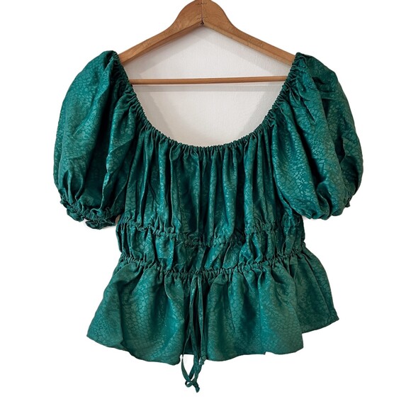 NSR Napean Sea Road Green Peplum Blouse Off Shoulder Puff Sleeve Small - Picture 4 of 12